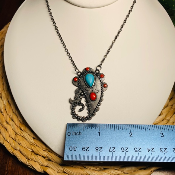 Southwestern Peacock Feather Turquoise Howlite and Red Cabochon Pendant Necklace - Picture 10 of 10
